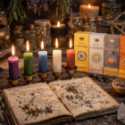 sfeerfoto ritual candels, kaarsen boek met kruiden
